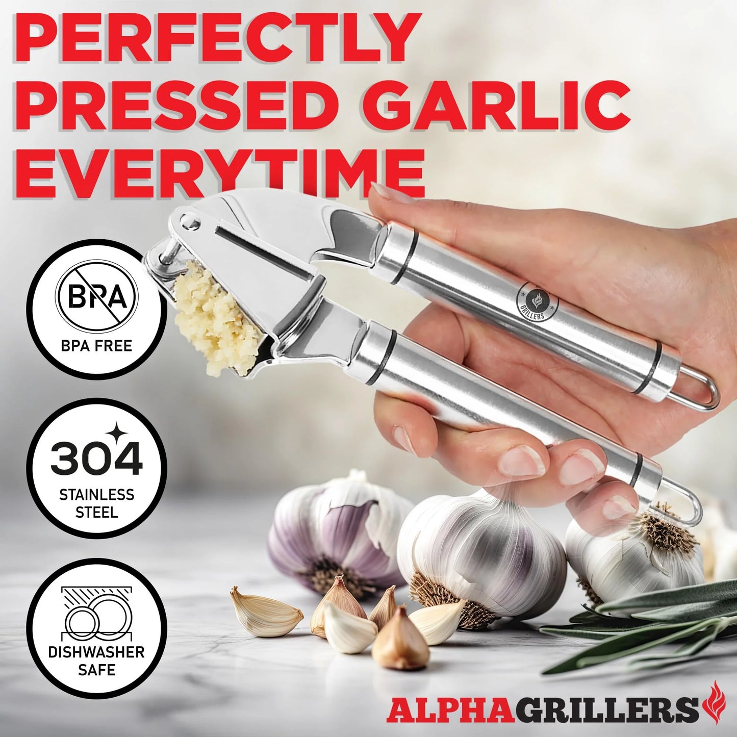 Garlic Press Stainless Steel - Professional Garlic Mincer and Crusher with Silicone Peeler Dishwasher Safe