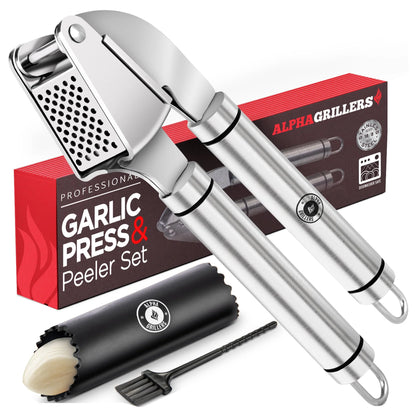 Garlic Press Stainless Steel - Professional Garlic Mincer and Crusher with Silicone Peeler Dishwasher Safe